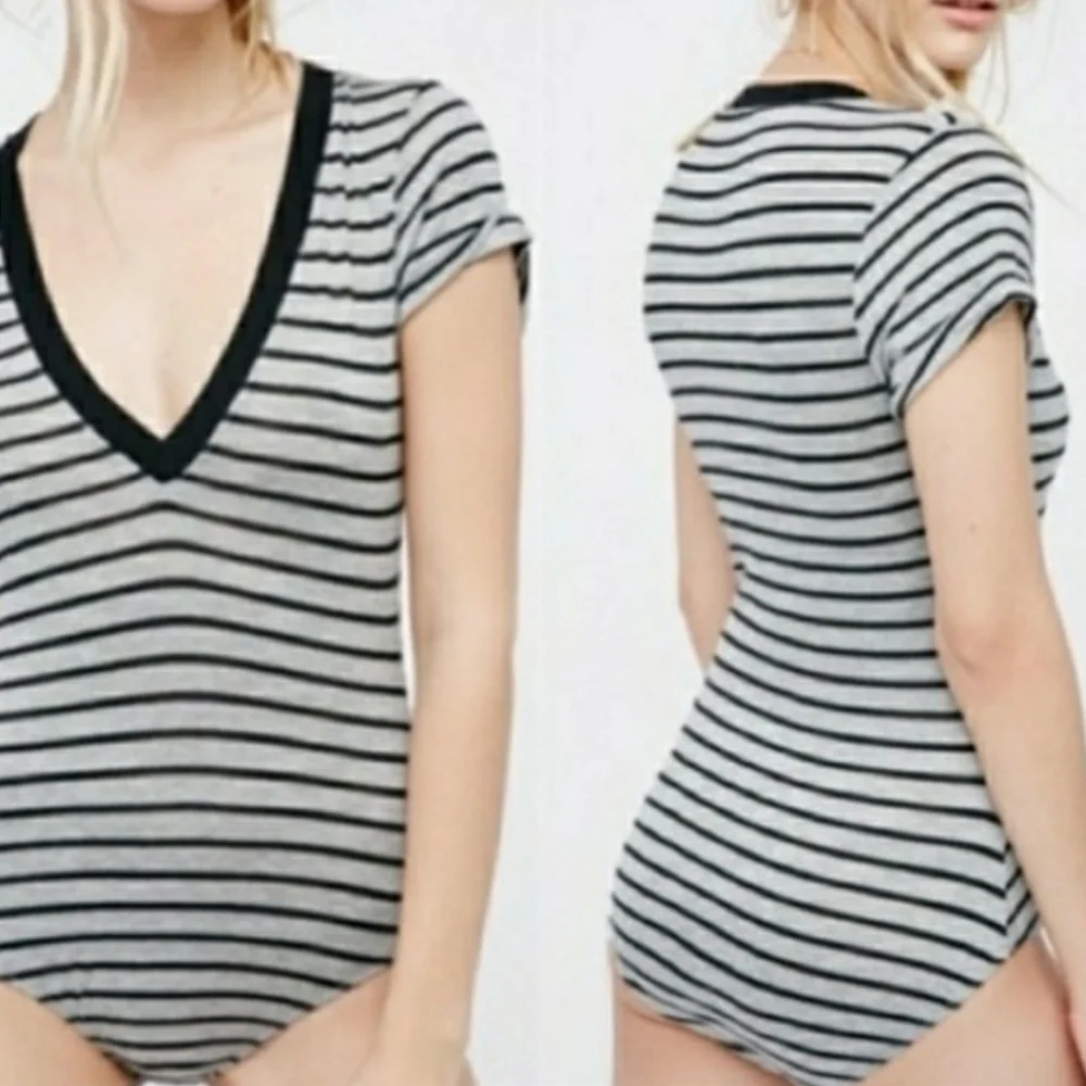 Free People Grey Black Striped Me Oh My V Neck Short Sleeves Bodysuit Size Small